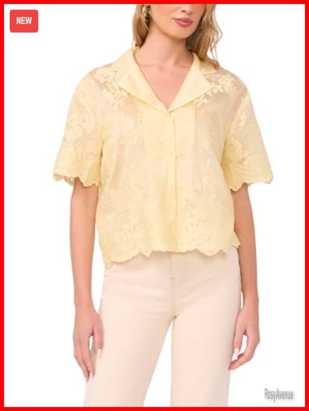 Vince Camuto Embroidered Tencel Button-Down Short Sleeve Blouse